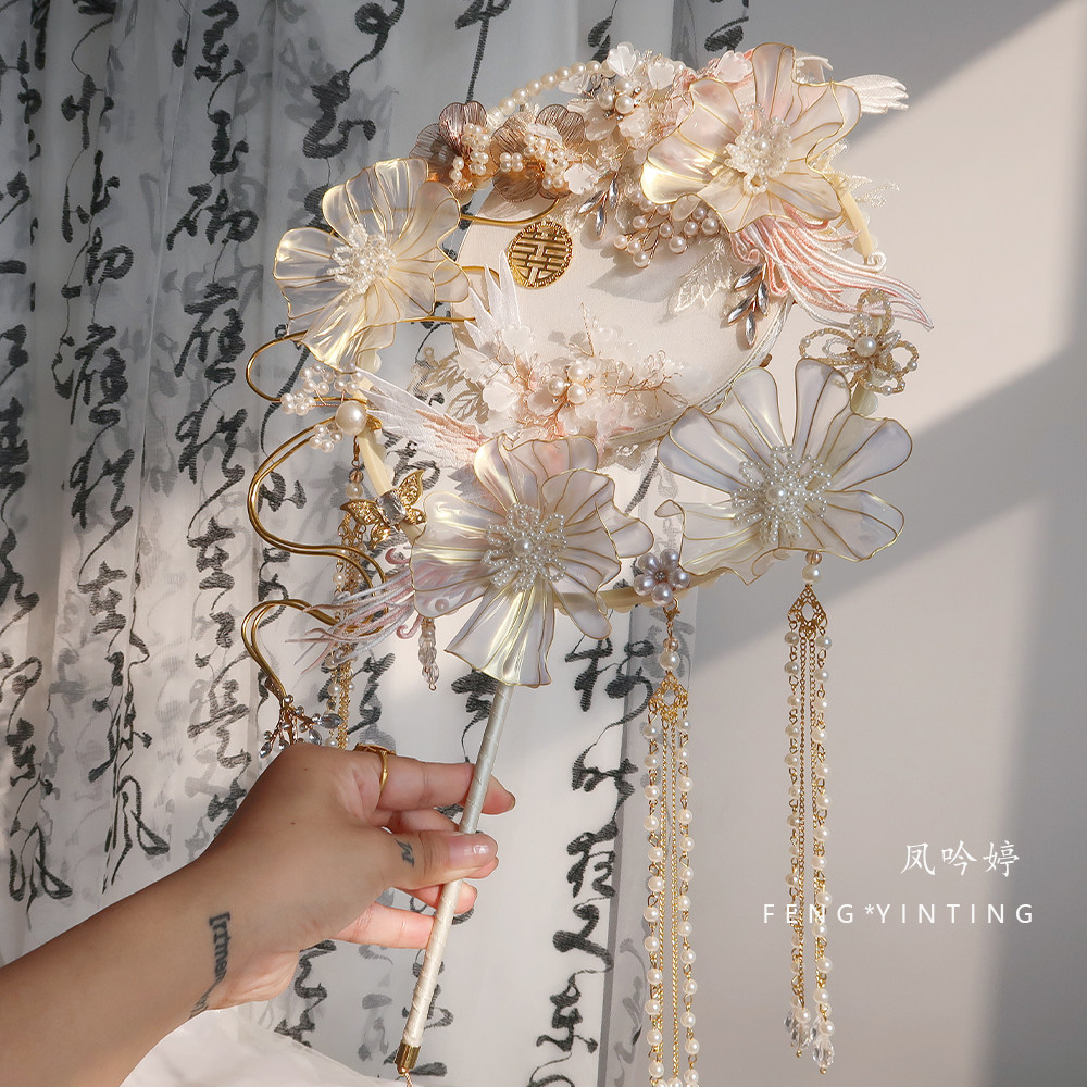 샴페인 컬러 원형 팬 신부 웨딩 DIY 재료 패키지 중공업 웨딩 팬 XIUHE 정장 웨딩 하이 엔드 얼굴 가리개 팬