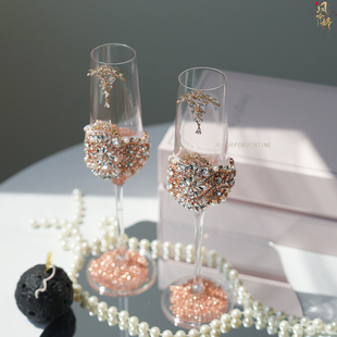 香槟杯高脚杯子一对手工敬酒杯diy材料碎钻装 饰结婚订婚礼物新婚