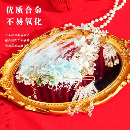 中式新娘秀禾团扇蓝色甜美花朵蝴蝶扇子结婚汉服龙凤褂百搭配饰