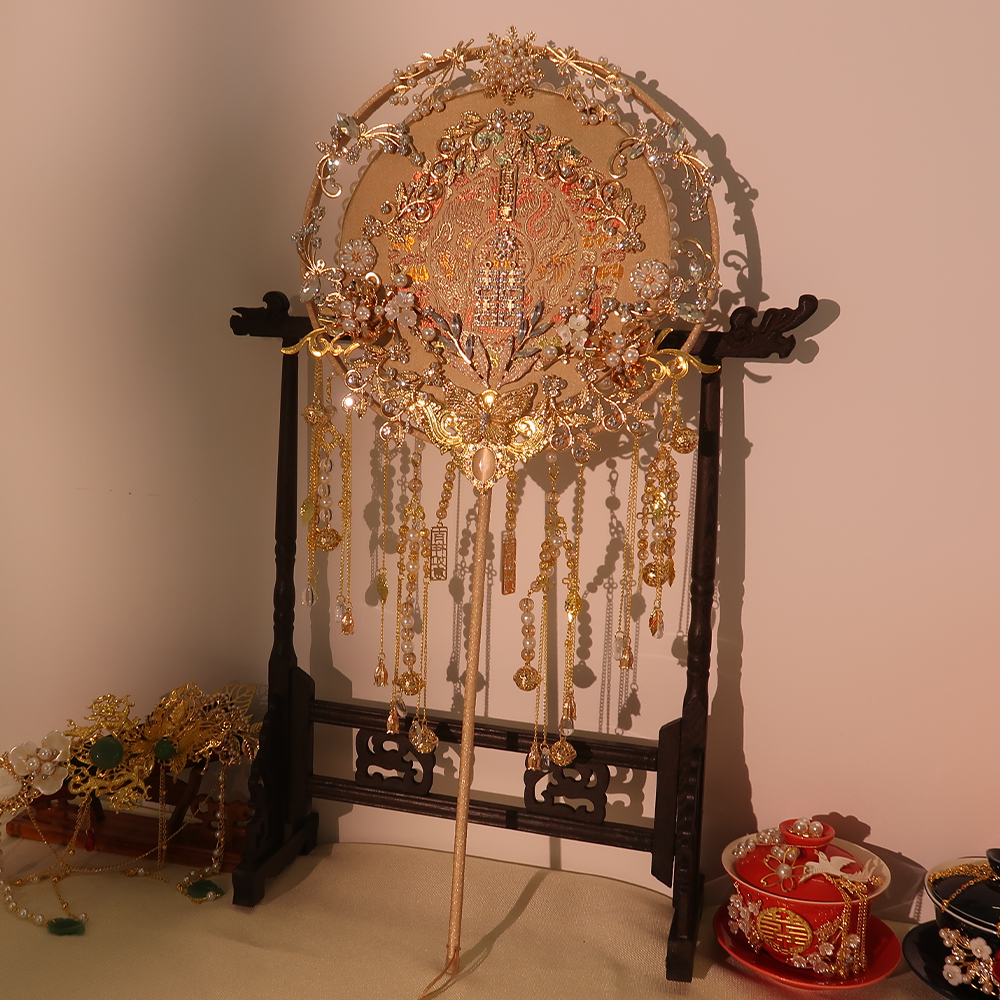 新娘团扇古风婚礼金色秀禾扇中式结婚喜扇圆形扇面手工diy材料包