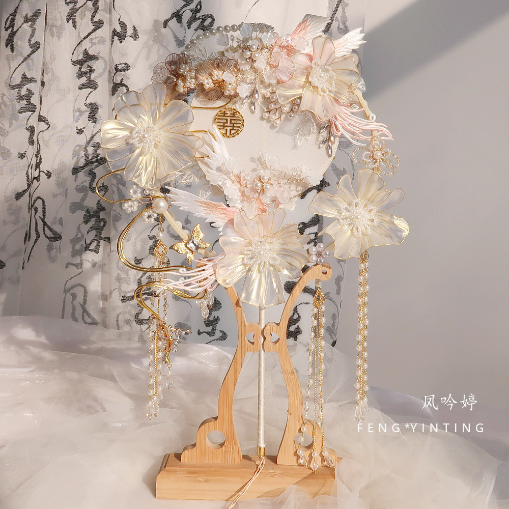 샴페인 컬러 원형 팬 신부 웨딩 DIY 재료 패키지 중공업 웨딩 팬 XIUHE 정장 웨딩 하이 엔드 얼굴 가리개 팬