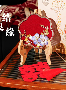 婚礼新娘手持迷你秀禾绒花团扇巴掌扇手工中式秀禾服晨袍拍照道具