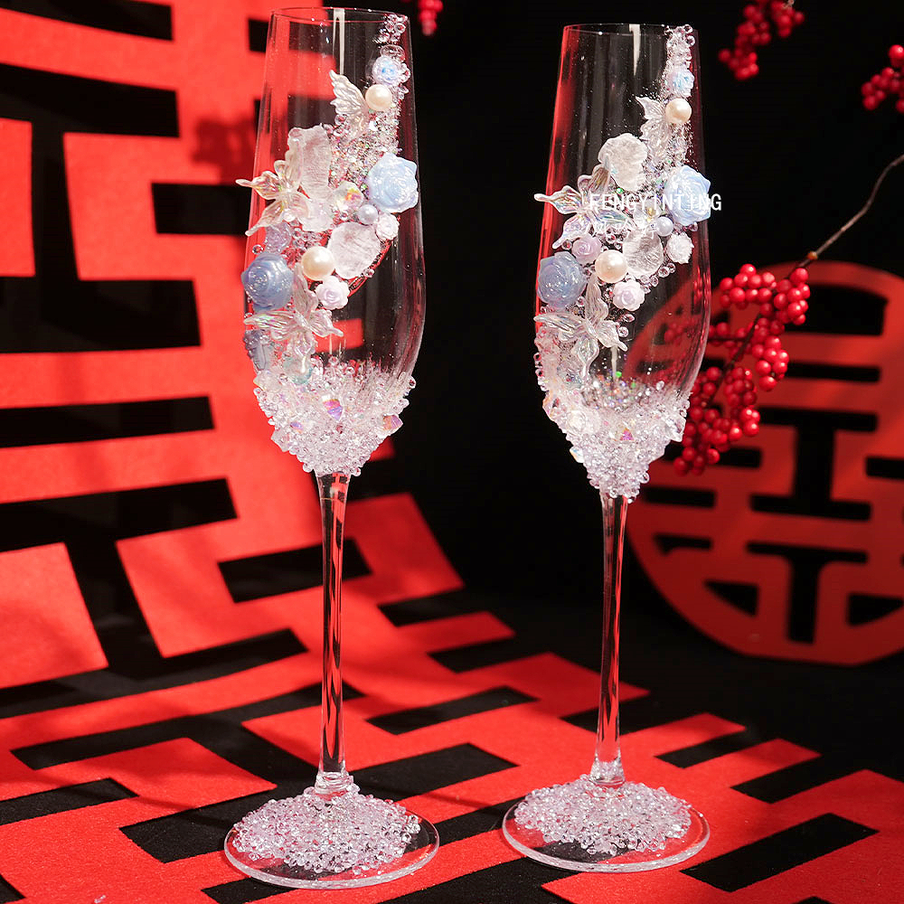 婚礼蓝色敬酒杯diy一对香槟杯婚礼装饰高级结婚礼物送闺蜜高脚杯