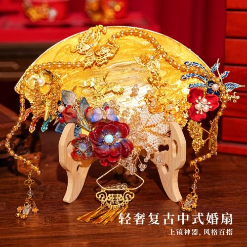 新中式水晶金色凝胶团扇新娘搭配秀禾晨袍礼服结婚拍照团扇道具