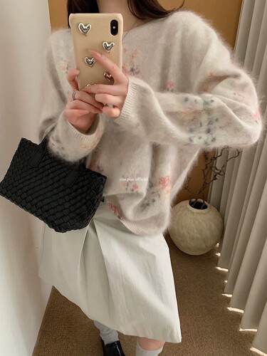 韩系花朵儿渐变晕染拉毛毛衣套头可盐可甜羊毛针织衫上衣柔软亲肤