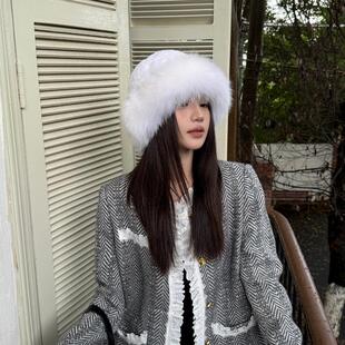 冬季新款韩版皮草帽子渔夫帽獭兔毛编织配狐狸毛边保暖潮搭网红款