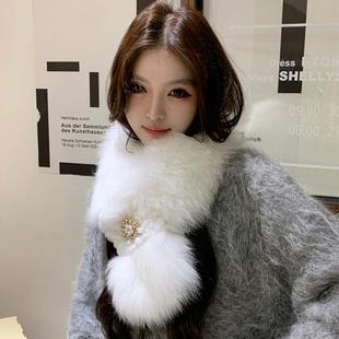 韩版网红狐狸毛双面围巾秋冬氛围感珍珠真毛皮草围巾獭兔环围脖