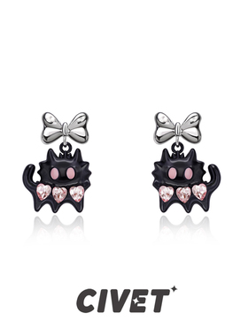 甜酷黑色猫咪耳环卡通可爱Y2K辣妹耳钉简约百搭暗黑无耳洞耳夹女
