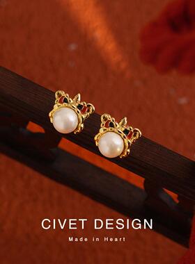 原创国潮醒狮珠耳环新年气质纯银耳钉过年春节喜庆简约百搭耳夹女