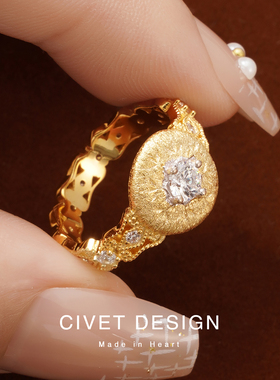 925纯银镀金布契风手工戒指拉丝意大利轻奢工艺锻面金币指环气质