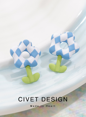 春夏蓝色花花耳环甜美可爱简约百搭耳钉撞色清新学生耳夹无耳洞女