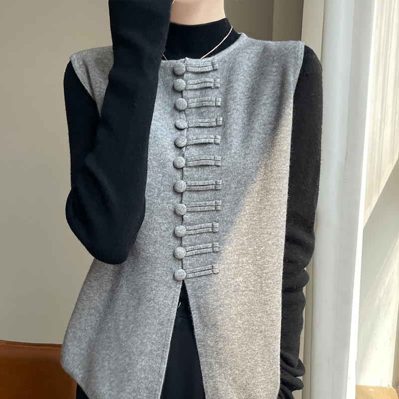 新中式国风圆领盘扣马甲上衣坎肩洋气宽松高级感时尚针织叠穿马夹