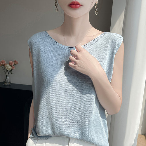 2025夏季新款圆领吊带背心女宽松遮肚薄款外穿气质无袖针织上衣
