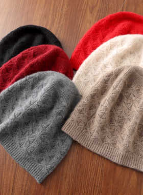 秋冬新款100纯羊绒帽子女镂空针织毛线保暖护耳包头月子帽子百搭