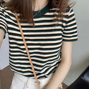 拼色圆领半袖 女针织打底衫 薄款 上衣 短款 条纹100%纯棉短袖 夏季 t恤