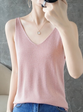 夏季新款 亮丝吊带背心女V领套头宽松打底衫内搭外穿简约无袖美背