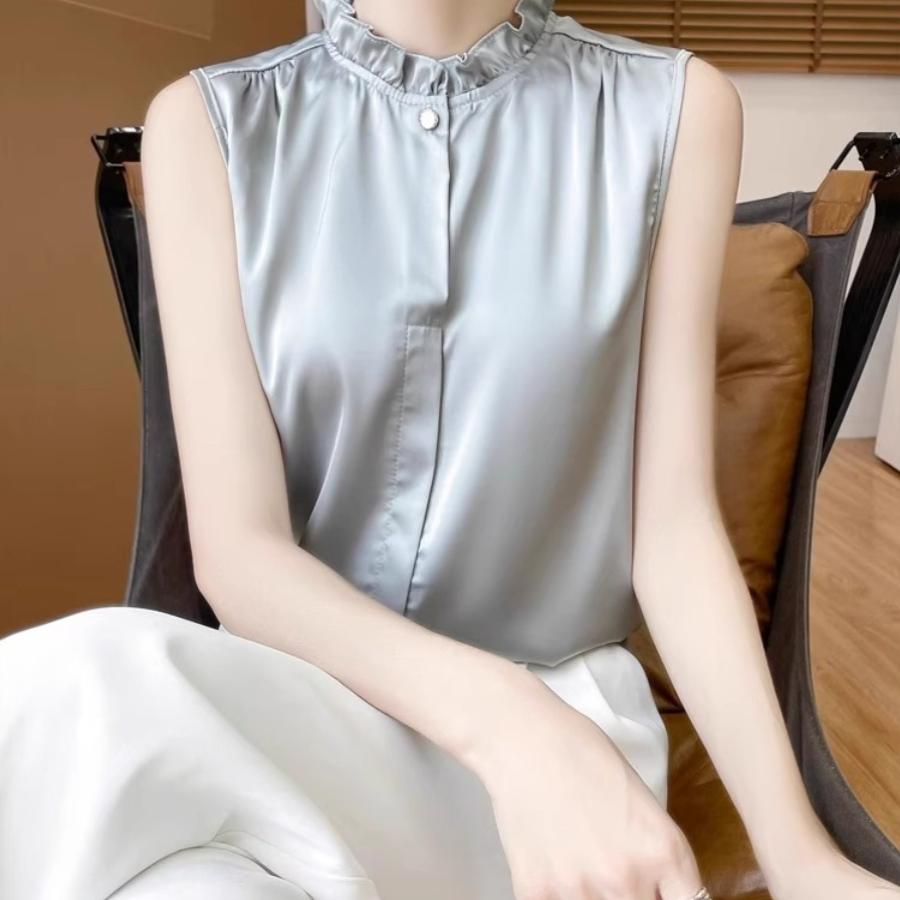 醋酸真丝半高领花边砍袖背心女打底宽松内搭无袖秋季木耳边上衣