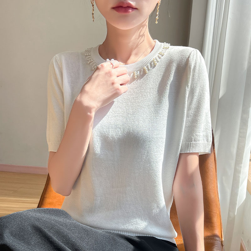 镶钻钉珠白色T恤女短袖2025夏季新款韩版气质宽松显瘦冰丝针织衫