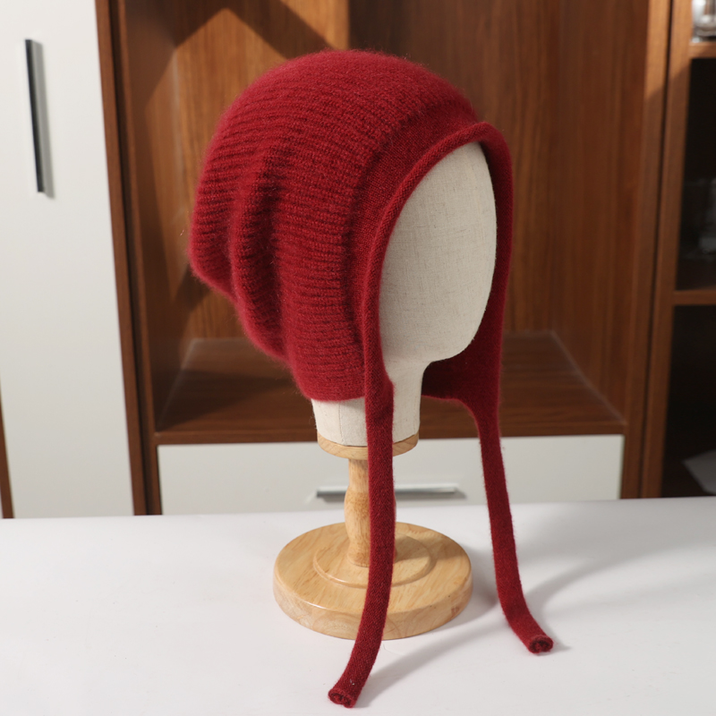 系带羊绒帽子秋冬男女针织羊毛线套头护耳包头帽防寒挡风加厚保暖