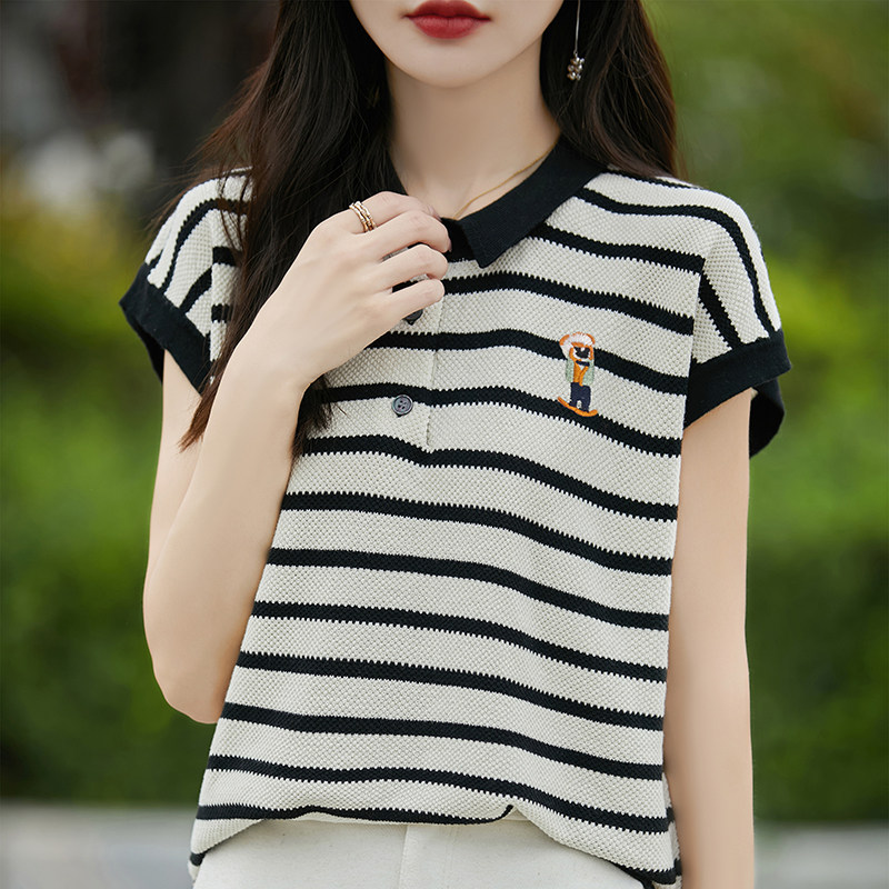 条纹短袖T恤女2025新款特大码女装夏季POLO领宽松薄款冰丝针织衫