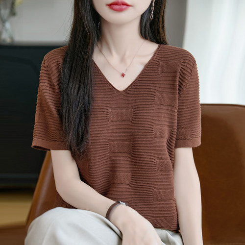 2025纯棉针织衫短袖T恤女V领横纹提花半袖打底衫宽松棉麻纯色上衣