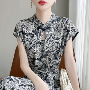 原创黑色碎花苎麻连衣裙2025夏季女装显瘦慵懒风中长款印花棉麻裙