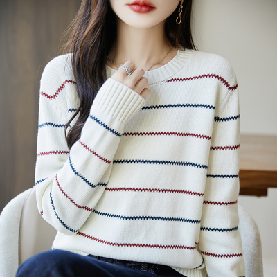 2025秋冬新款纯棉条纹圆领打底衫女宽松内搭低领毛衣女显瘦针织衫