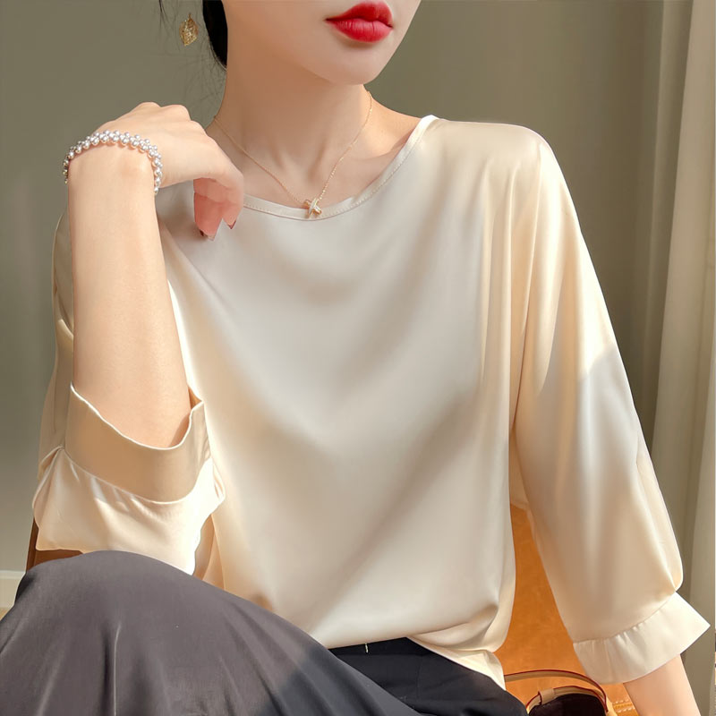 真丝缎面圆领宽松t恤上衣女2024高级感夏装薄款五分袖桑蚕丝衬衫