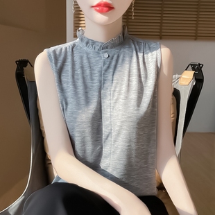 醋酸真丝半高领花边砍袖 25年夏木耳边上衣 背心女打底宽松内搭无袖