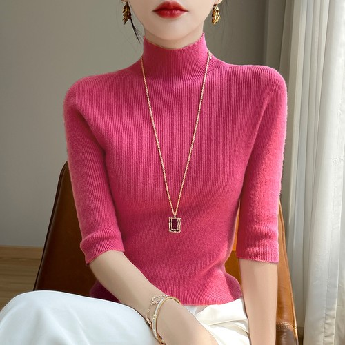 秋季洋气五分袖针织衫女修身内搭半高领短款休闲中袖打底毛衫外穿