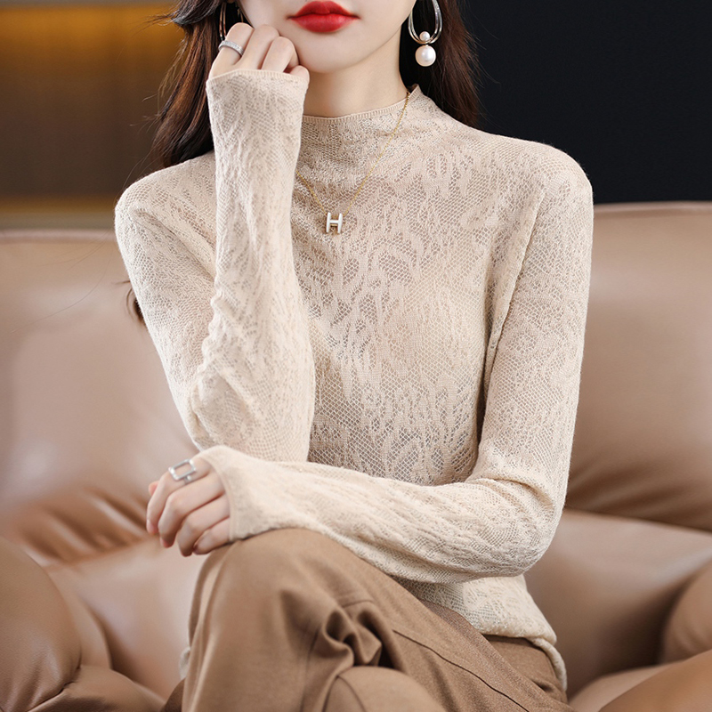 秋冬新款女士半高领薄款镂空长袖羊毛衫蕾丝针织打底微透洋气上衣