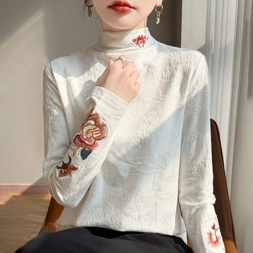新中式刺绣长袖上衣女半高领提花高级感气质打底衫秋冬款加绒加厚