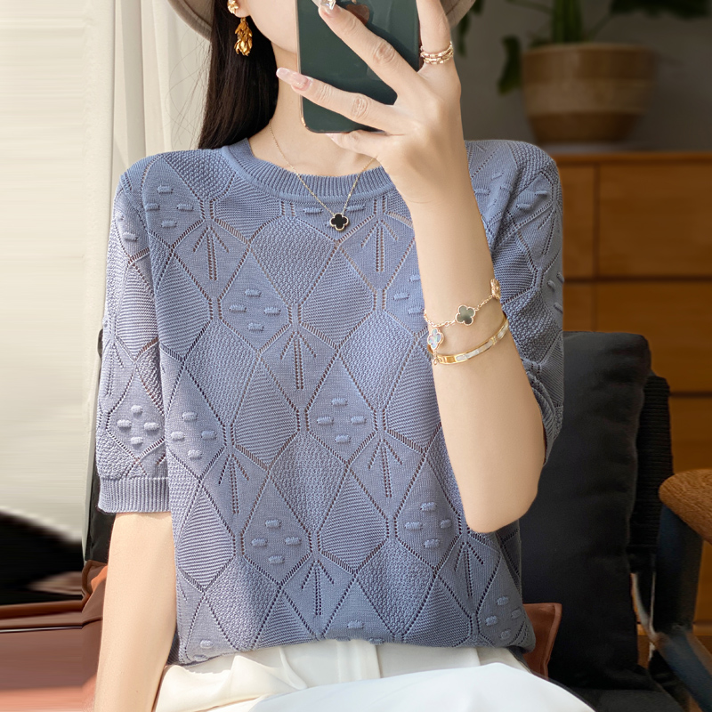 2025年夏圆领天丝短袖T恤衫女薄款钩花镂空针织内搭上衣轻薄半袖