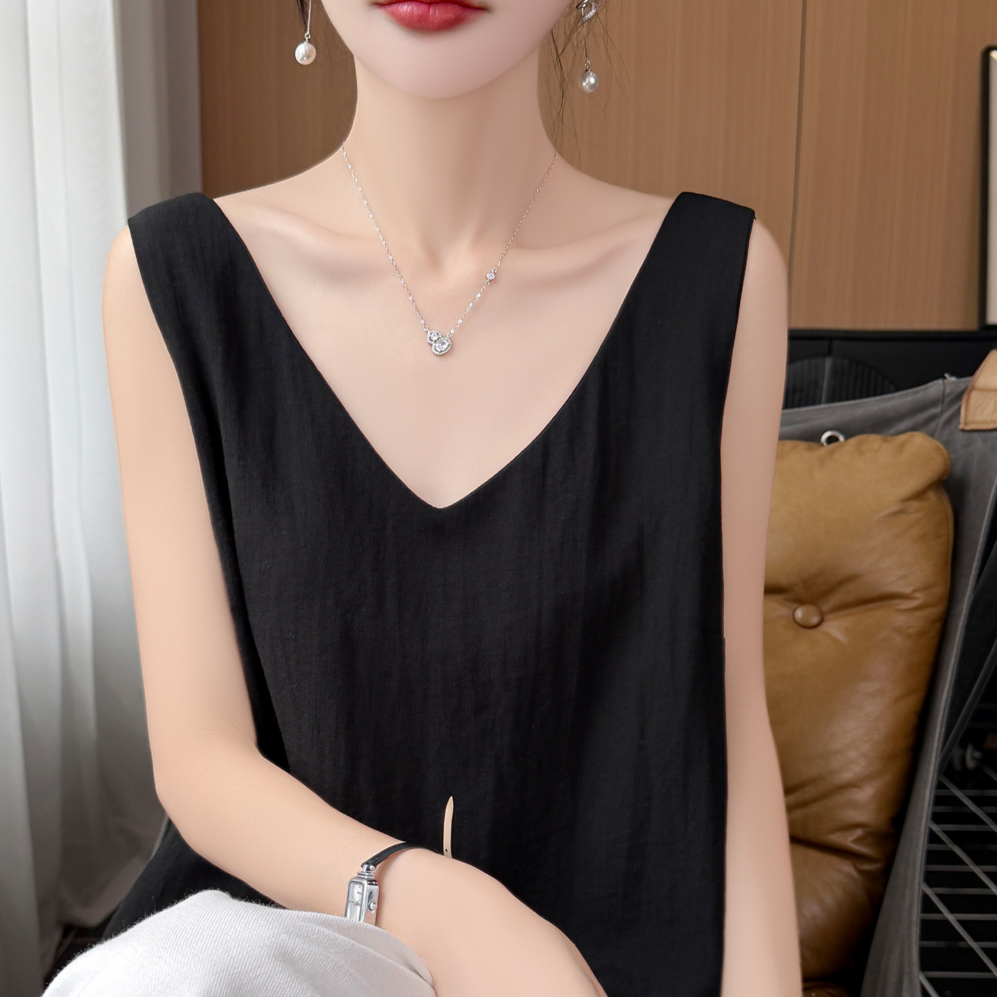 黑色木耳边背心女夏外穿宽松棉麻针织无袖绝美小吊带上衣西装内搭