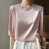 上衣短裤 25年夏新款 五分袖 醋酸缎面圆领桑蚕丝T恤女中袖 真丝短袖