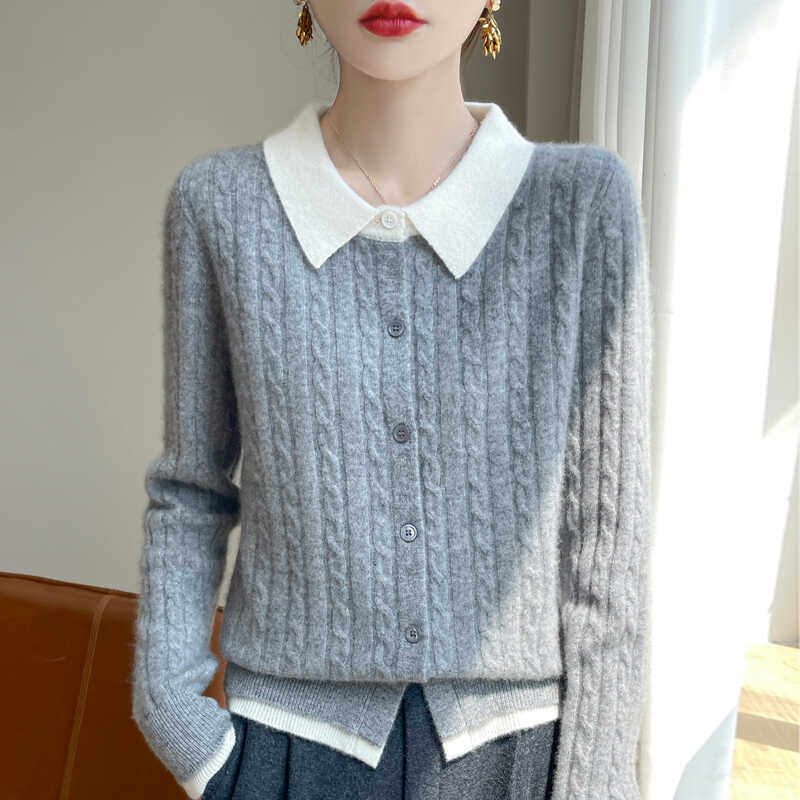 时尚假两件2024冬季新100羊毛女显瘦拼色宽松气质春秋麻花针织衫