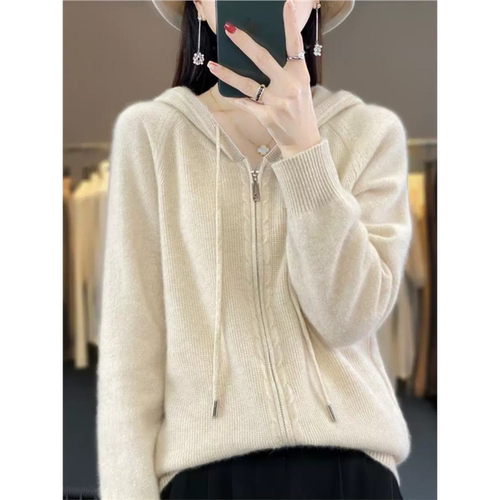 2025新羊绒衫女士双连帽拉链开衫女长袖毛衣宽松羊毛衫针织外套韩