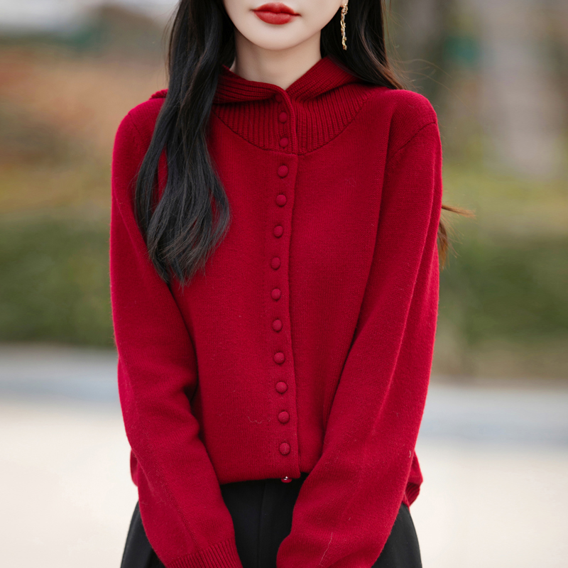 欧货连帽浅米色羊毛长袖针织开衫毛衣女2025春季新款减龄休闲上衣
