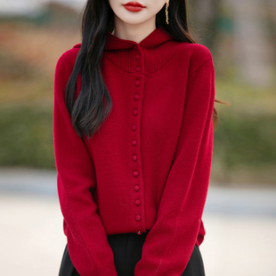 新款 毛衣女2025春季 减龄休闲上衣 针织开衫 欧货连帽浅米色羊毛长袖