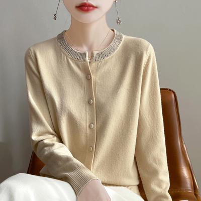 春秋新款安迪绒圆v领镶钻针织开衫女外套长袖外穿打底上衣外搭潮