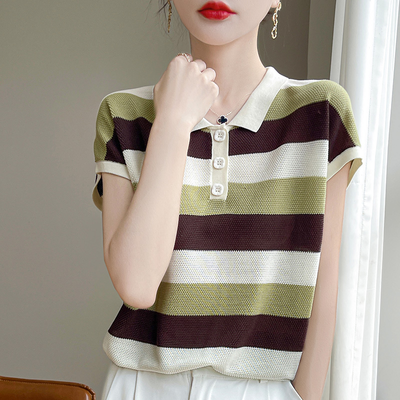 清新撞色POLO领针织短袖女夏季款显瘦减龄天丝莱赛尔翻领T恤上衣