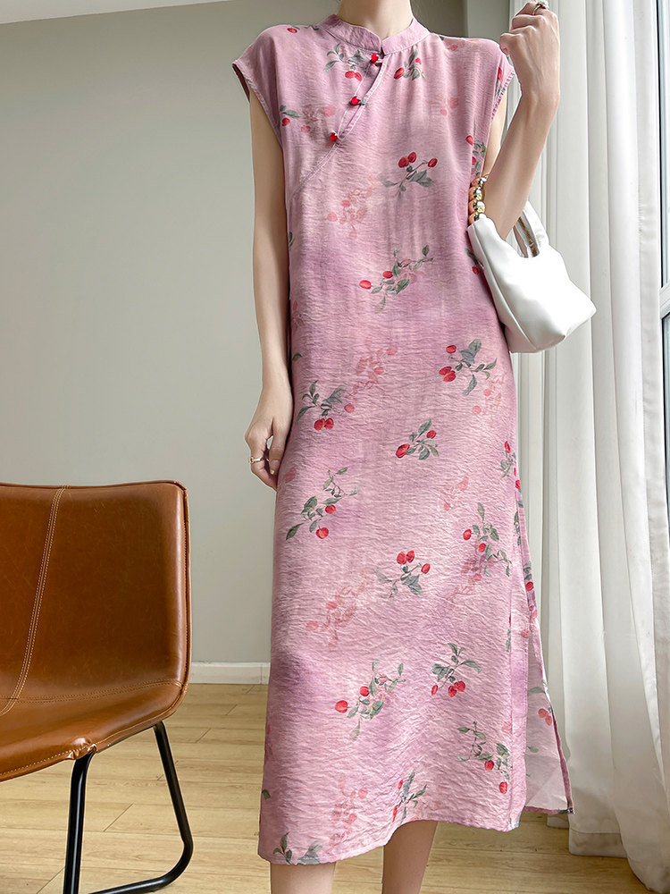 새로운 중국 스타일 국가 스타일 치파오 텐셀 코튼 드레스 느슨한 기질 여름 착용 2024 봄 새로운 중간 길이 스커트