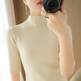 短款 薄款 打底衫 针织衫 女 毛衣五分袖 女修身 紧身短袖 半高领中袖 半袖