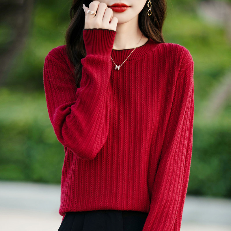 2024冬季新00%纯棉针织打底衫女圆领长袖撞色显瘦套头毛衣上衣韩,女装/女士精品,毛针织衫,淘宝优惠券,粉丝福利购,淘宝优惠卷