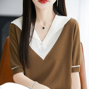 女修身 2025新款 桑蠶絲天絲鏤空精仿羊毛圓領短袖 針織衫 顯瘦打底衫