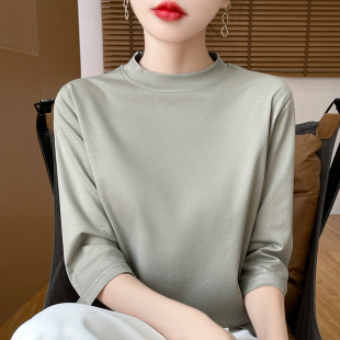 正肩打底衫 小半高领体恤宽松中袖 秋 t恤女立领上衣新款 纯棉七分袖