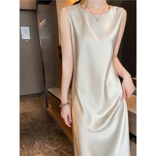 高级感圆领真丝吊带连衣裙女春夏醋酸缎面中长裙内搭丝绸无袖气质