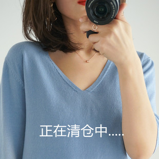 套头V领羊绒衫 宽松慵懒韩版 春夏薄款 女短袖 T恤上衣 针织打底衫 短款