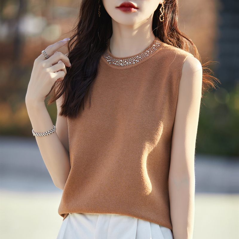 清仓捡漏~100%精仿羊毛背心女春秋无袖圆领镶钻内搭打底针织衫潮