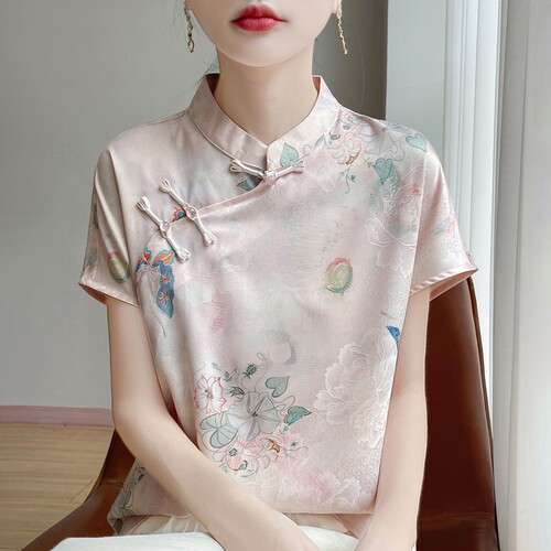 新中式立领真丝上衣女丝滑缎面短袖t恤夏季新款衬衣国风盘扣衬衫